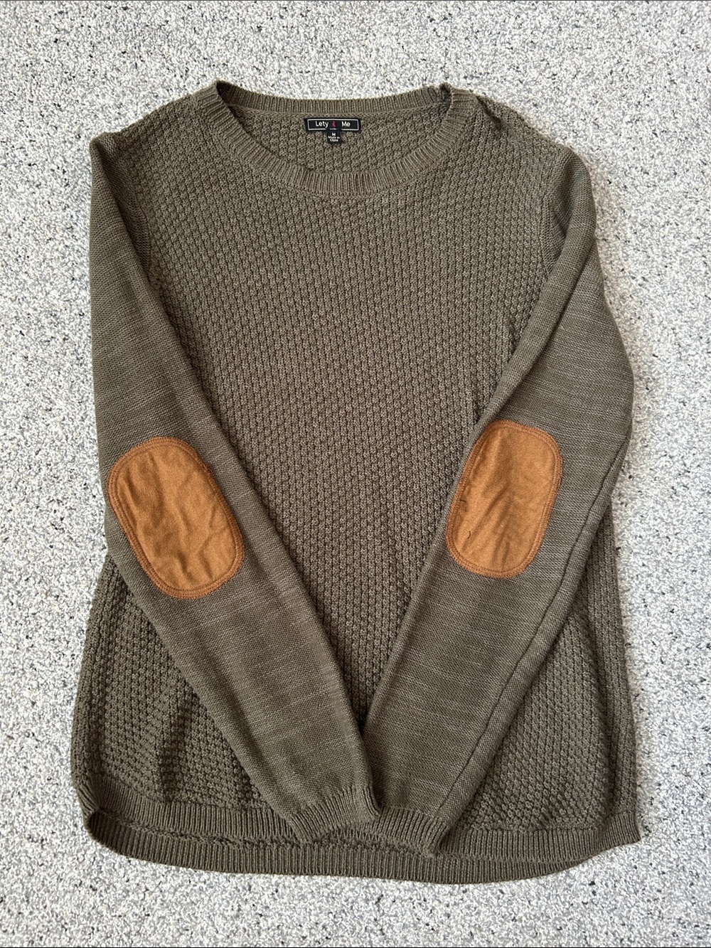 Women's Olive Crewneck Sweater with Tan Elbow Patches